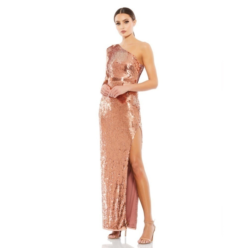 Mac Duggal New Size 2 Copper Sequins One Sleeve Column Thigh High Side Slit Gown